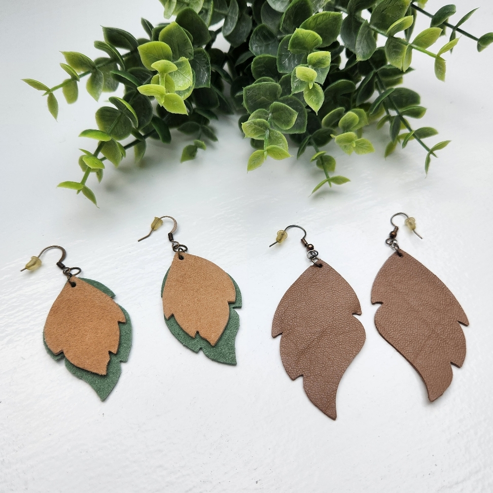 Earrings - leather leaf handmade pierced earrings